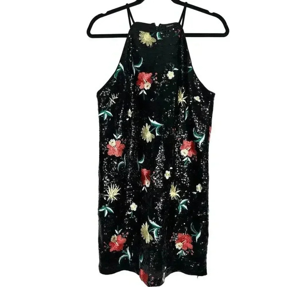 Forever 21 Mini dress sequins sparkling floral Large halter neck multicolor zip - Picture 3 of 11